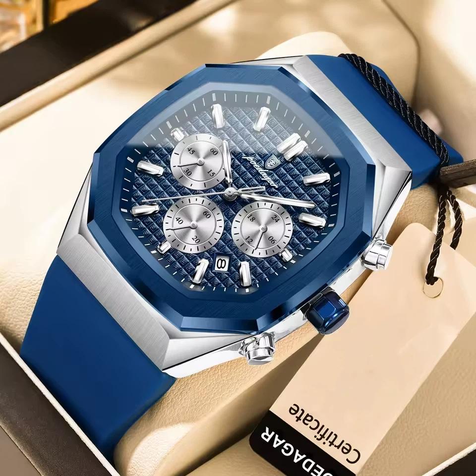 POEDAGAR Functional Watch for Men Date Chronograph Luminous Waterproof Silicone Classic Male Watch Quartz Original Watches