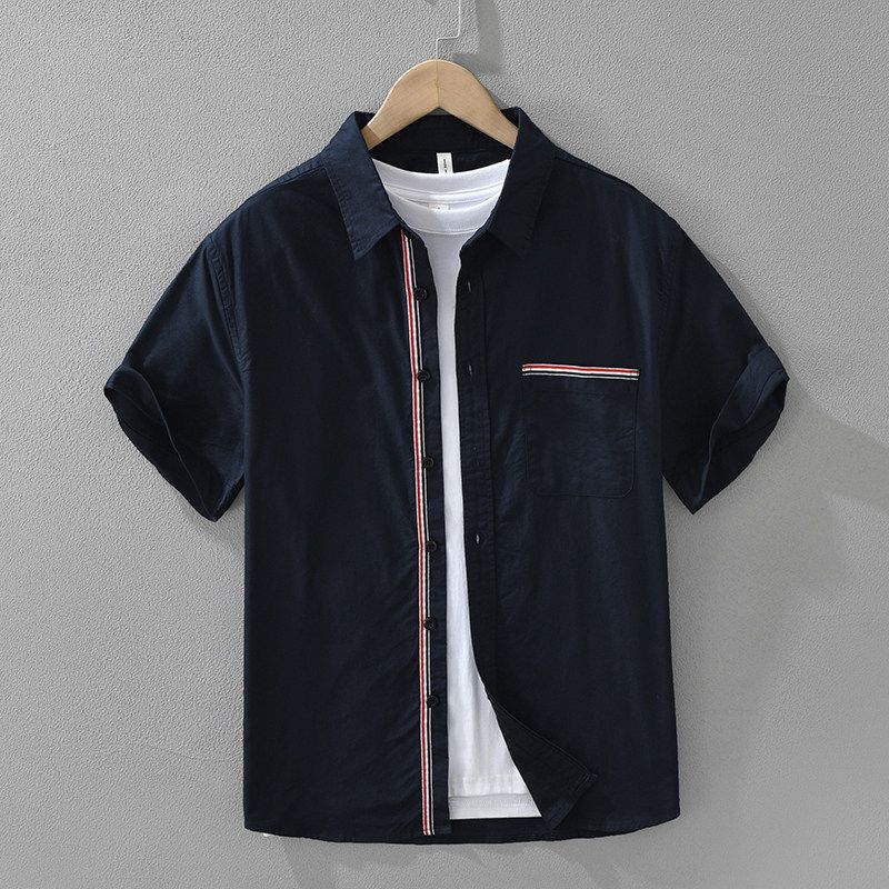 Summer Hong Kong TB Style Ribbon Pu Shuai Short Sleeve Shirts Men's Clothing Tokyo Fashion Brand Casual Shirt Pure Cotton Oxford New