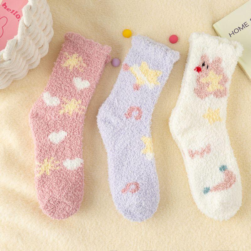 Socks Women Winter Warm Fluffy Fuzzy Cute Middle Tube Thick Thermal Soft Coral Fleece Floor Sleep Cartoon Star Short Crew Socks