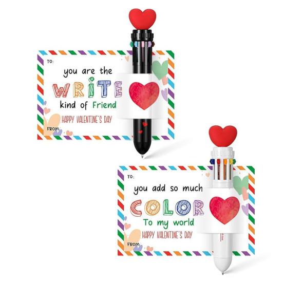 Valentinstag Stift-Karten-Geschenkset Mehrfarbiger Kugelschreiber mit Herz-Botschaftskarten Einziehbarer bunter Stift für Schüler Klassenkameraden Büro-Austausch