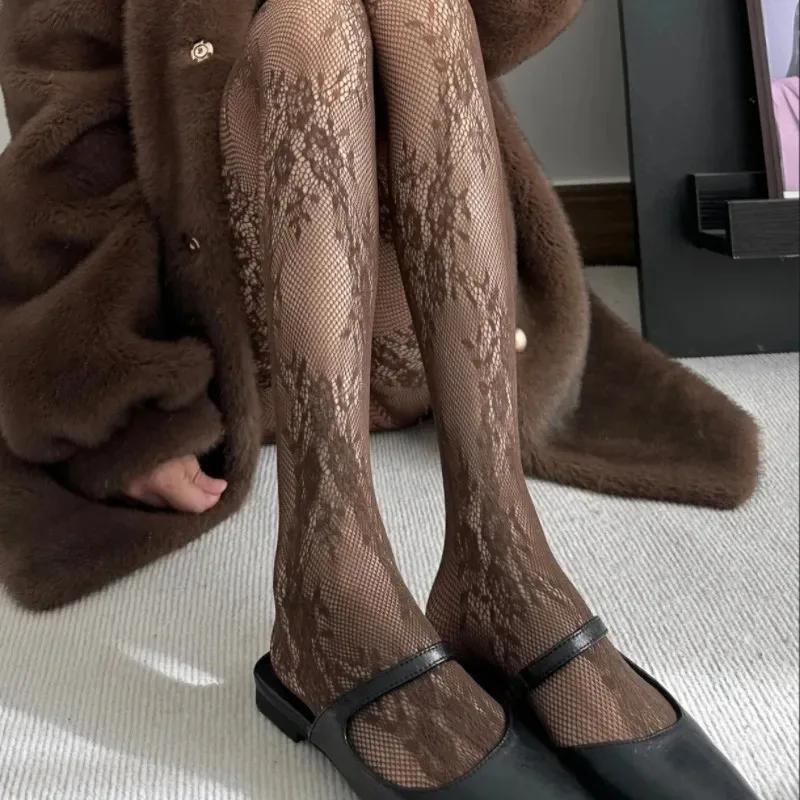 Harajuku Black White Brown Hollowed Out Lace Mesh Pantyhose Floral Rattan Bottomed Stockings Sexy Women Tights Fashion Hosiery