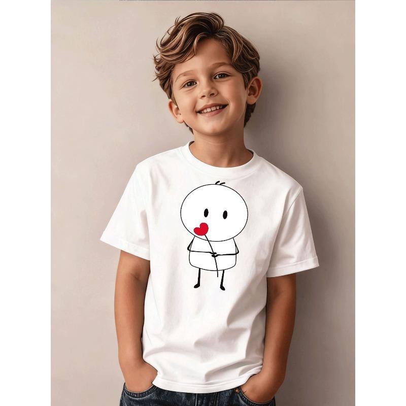 Casual Boys' T-Shirt Featuring a Trendy And Adorable Cartoon Design with a Red Heart Motif