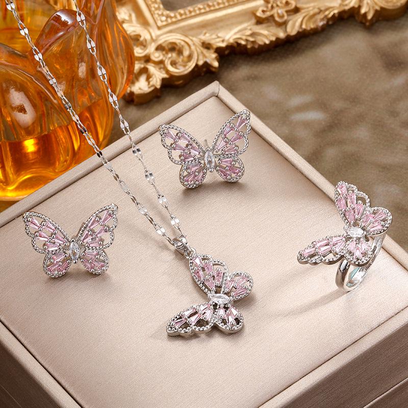 Korean Fashion Rhinestone Butterfly Jewelry Set: Necklace, Ring & Earrings with Zircon Inlay - Fairy Style Elegance for Women.