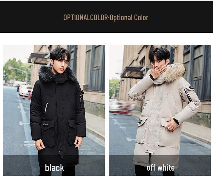 2025 Men's Mid-Length Down Jacket with Fur Collar, Thickened for Warmth, Below Knee Length, Multi-Pocket Winter Coat