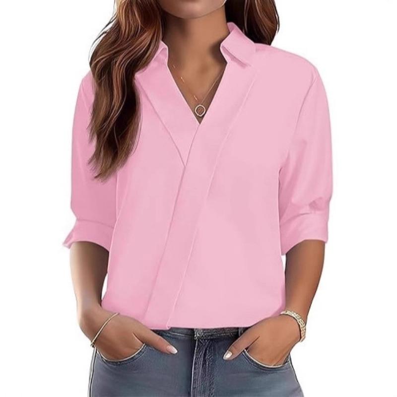 

Women s Solid V-Neck Blouse 3/4 Sleeve Wrap Front Shirt Spring Summer Casual Office Wear S розовый