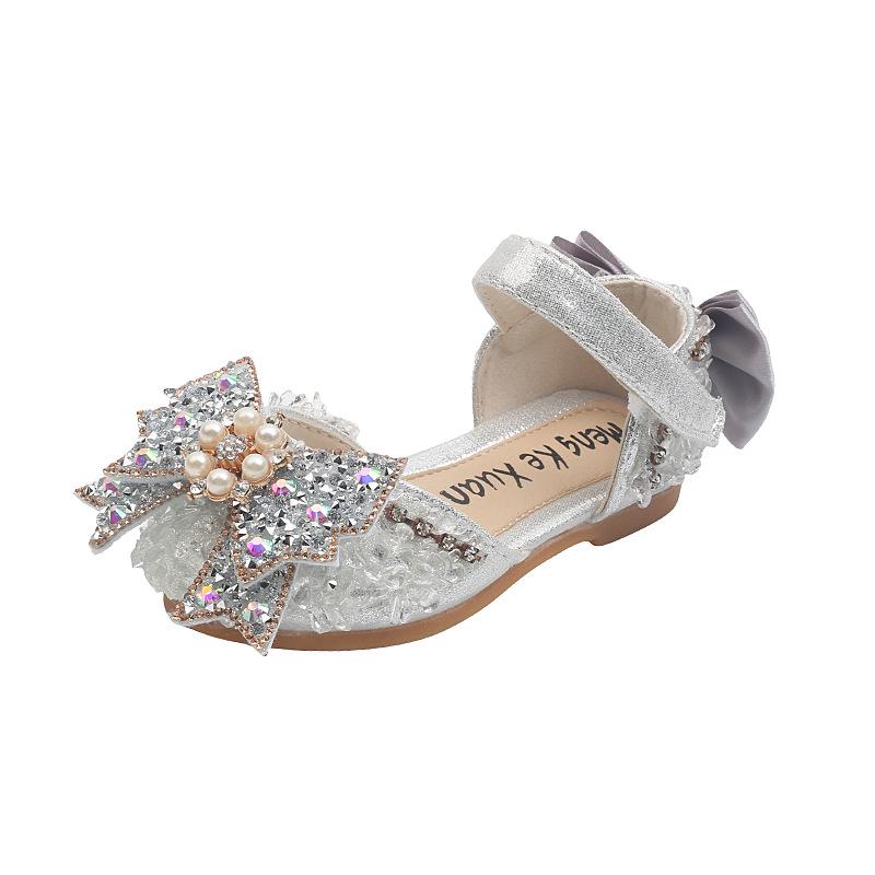 2025 Spring/Summer Girls' Rhinestone Bow Soft Sole Korean Style Leather Sandals