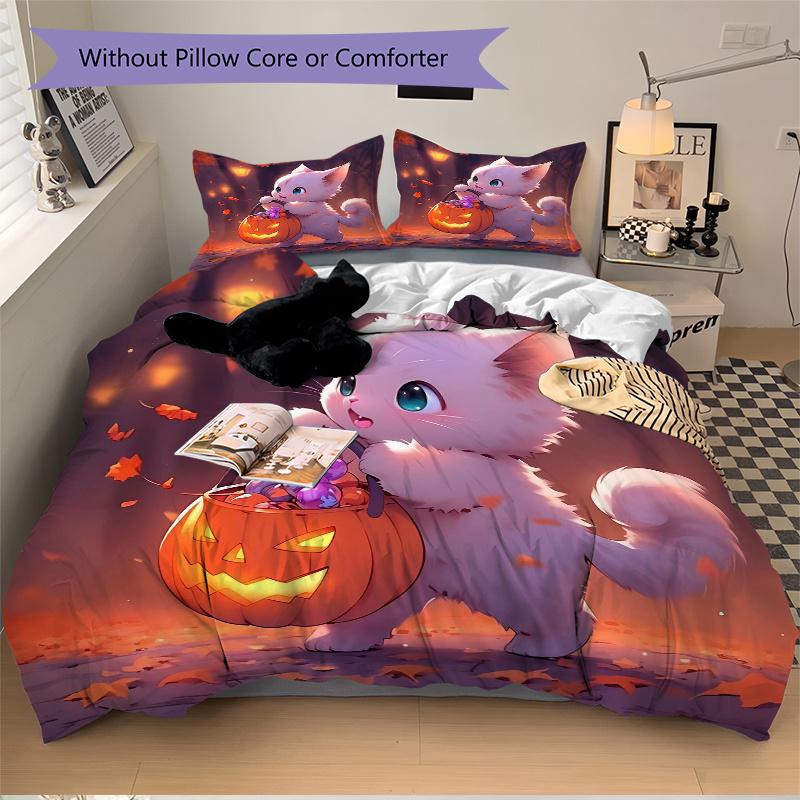 3pcs White Cat Holding Pumpkin Lantern Quilt Cover Set - Soft & Comfortable Polyester Fabric, All-Season Breathable Comforter Set For 1 Quilt Cov