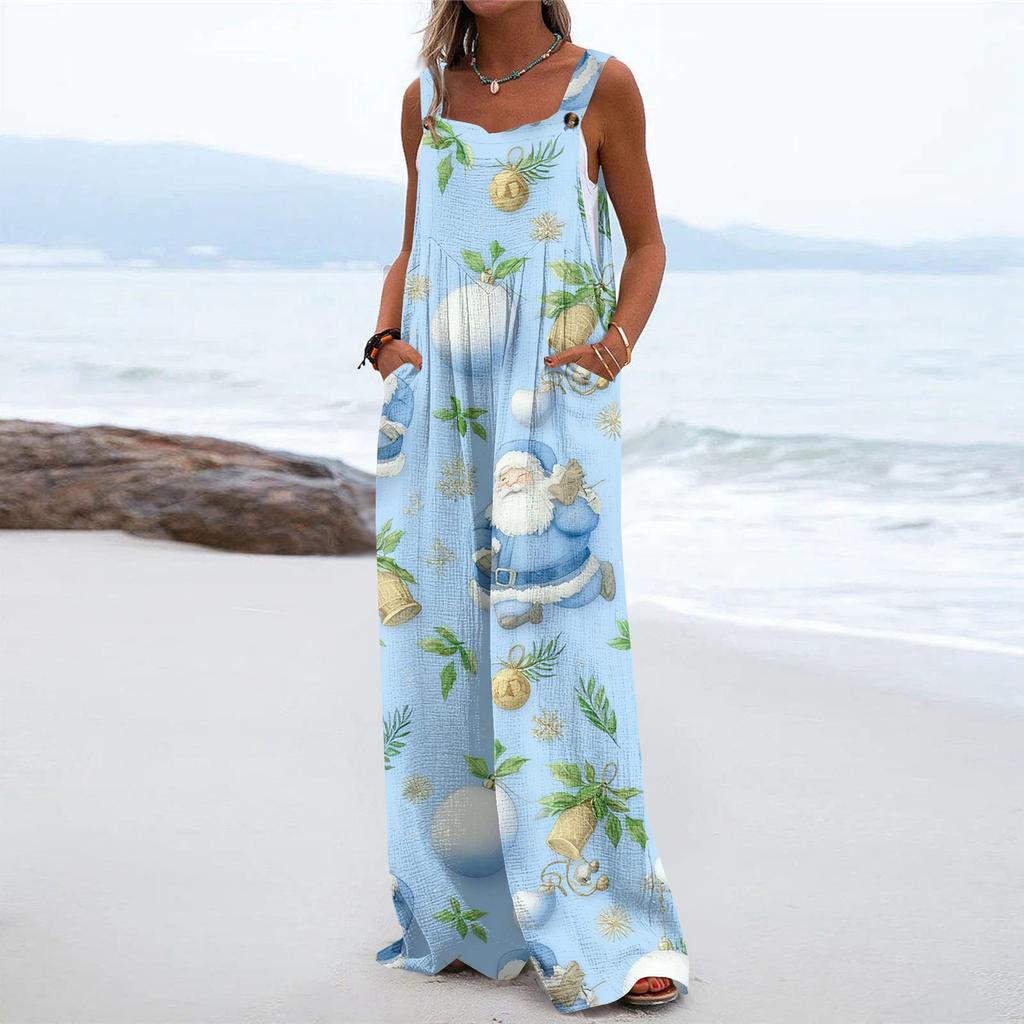 Women's Christmas Print Solid Wide Leg Strapless Tank Pocket Casual Onesie