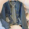 Washed Retro Denim Cropped Jacket with Raw Hem - Petite Loose Fit for Spring & Autumn 2026