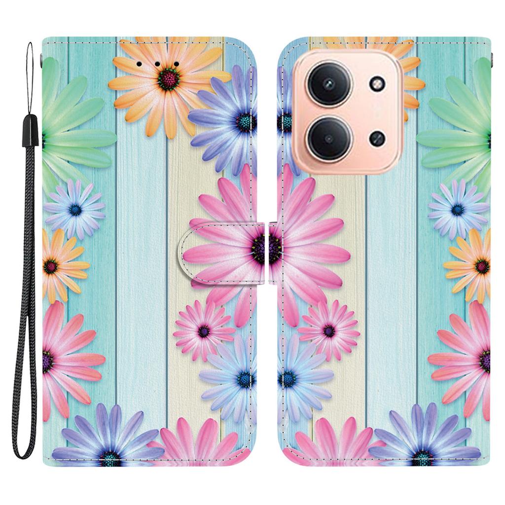 Pro Xiaomi Redmi 15C 5G (EU) (173 mm)/15C 4G (EU) (173 mm) Pouzdro Vzorový Potisk Kožená Peněženka Kryt na Telefon s Šňůrkou