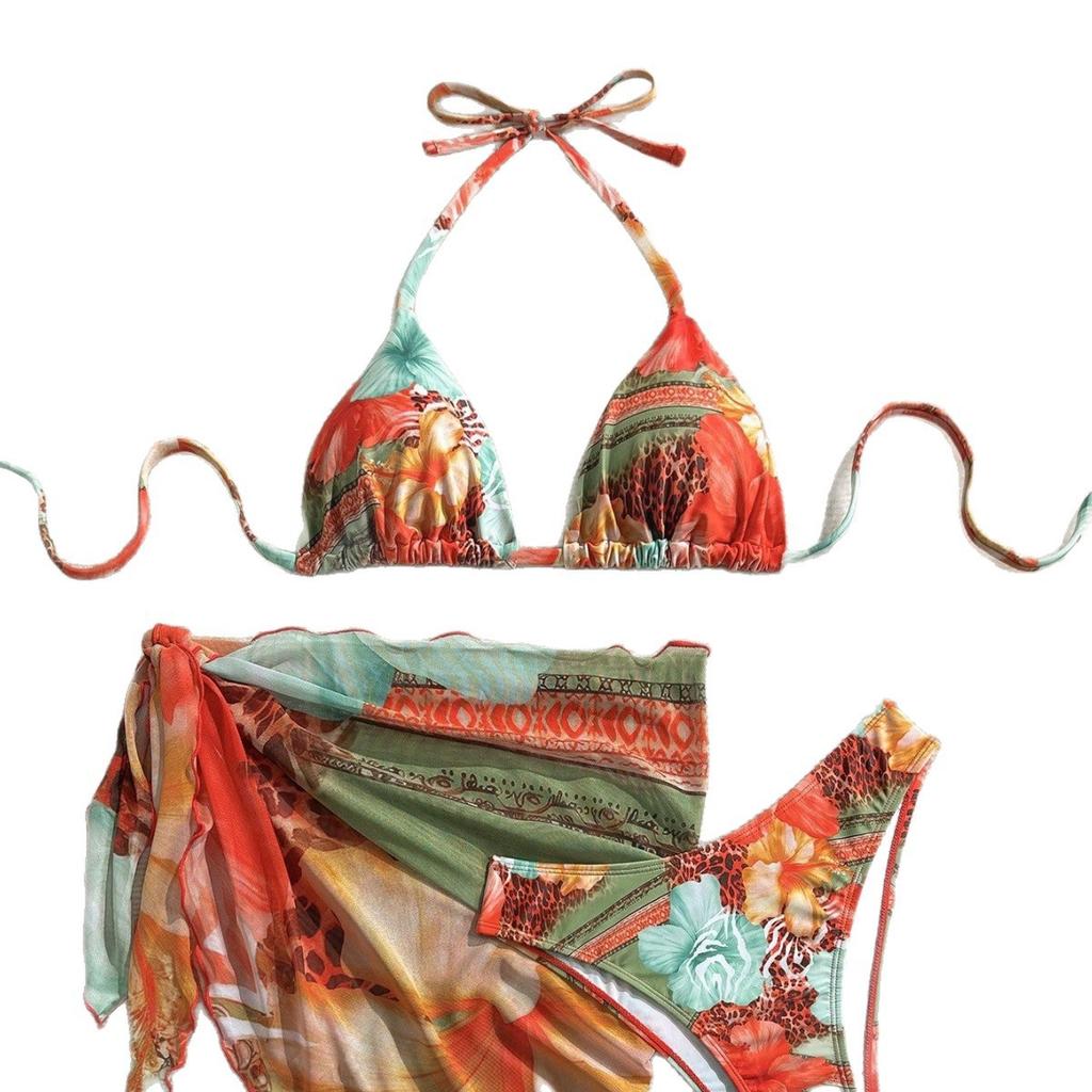 New European And American Apron Three-Piece Bikini Flower Print Lace-Up Swimsuit Women'S Swimsuit