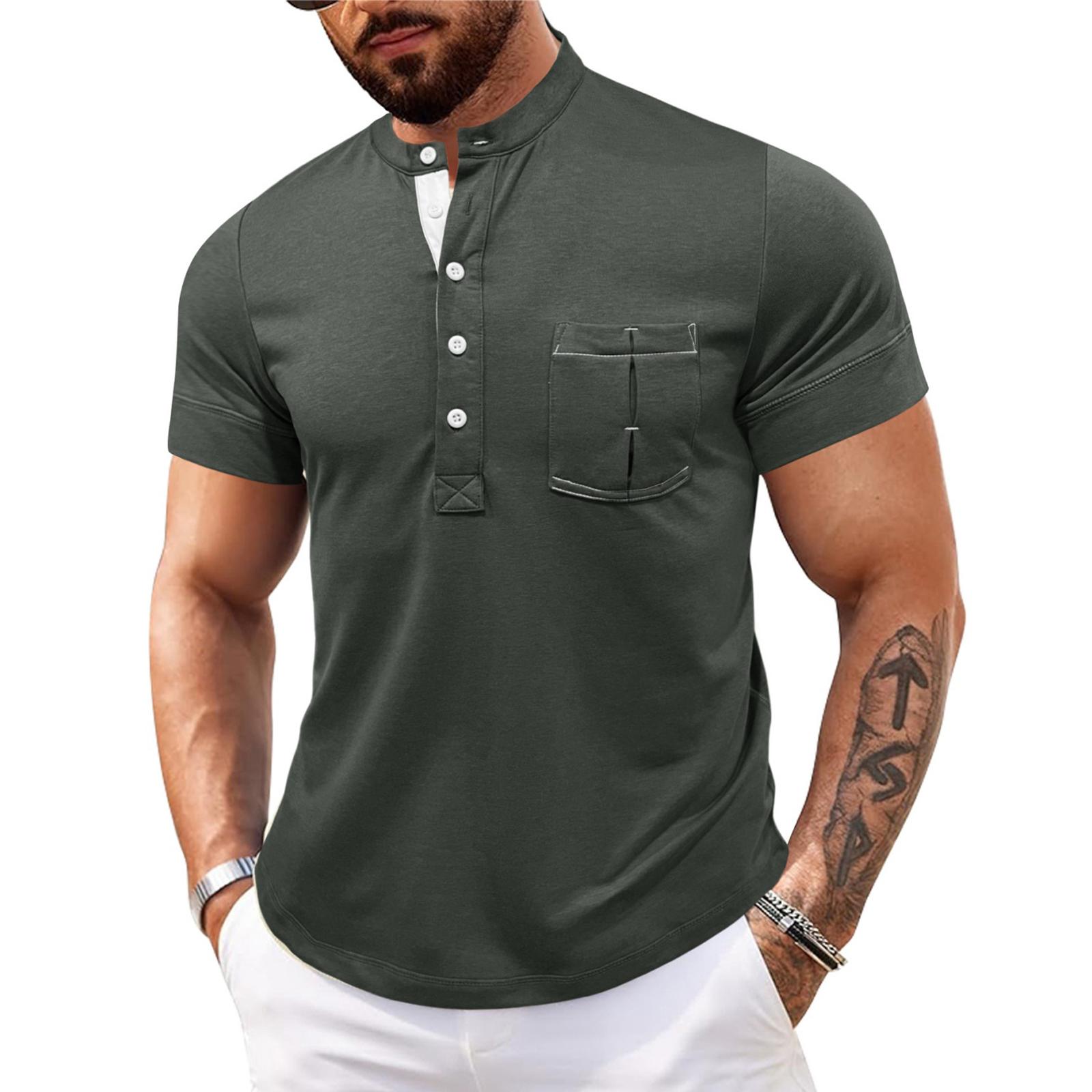 

Men s Casual Solid Color Outdoor Sports Shirt Henley Short Sleeve Pocket T-Shirt Cotton Blend Round Neck Lightweight Comfortable XXL