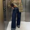 Womens Wide Leg Straight Cut Denim Pants With Rolled Cuffs Slimming Fit Mid-Rise Regular Thickness Casual Office Wear