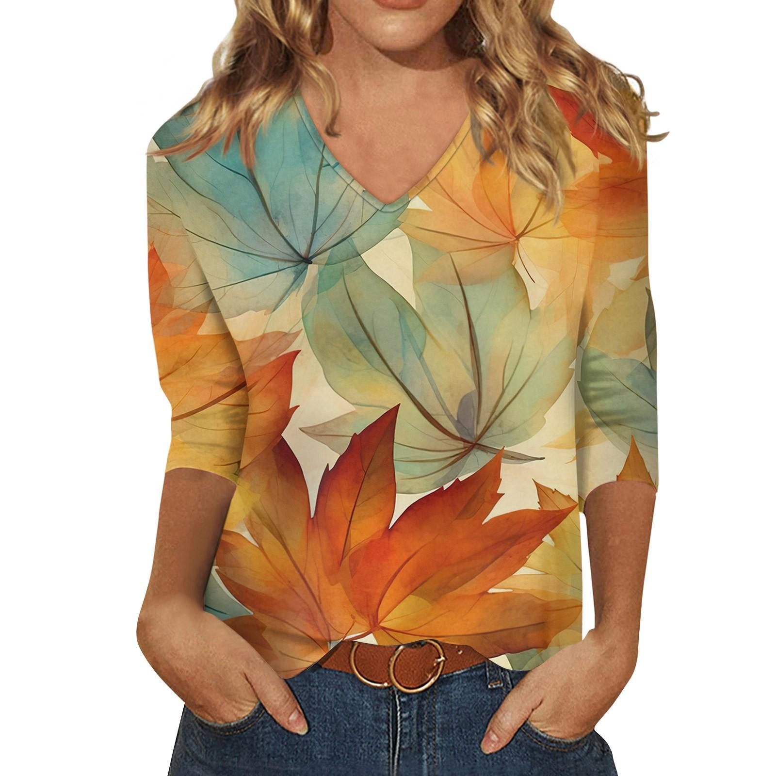 

Женские топы, рубашка с рукавом три четверти, свободная повседневная рубашка с v-образным вырезом и цветочным принтом, летняя футболка M