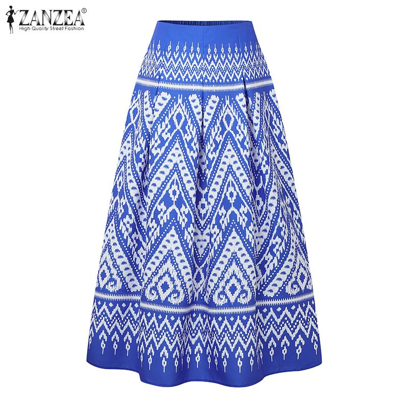 ZANZEA Fuste Lungi Casual pentru Femei cu Talie Elastică la Spate, Largi, cu Imprimeu