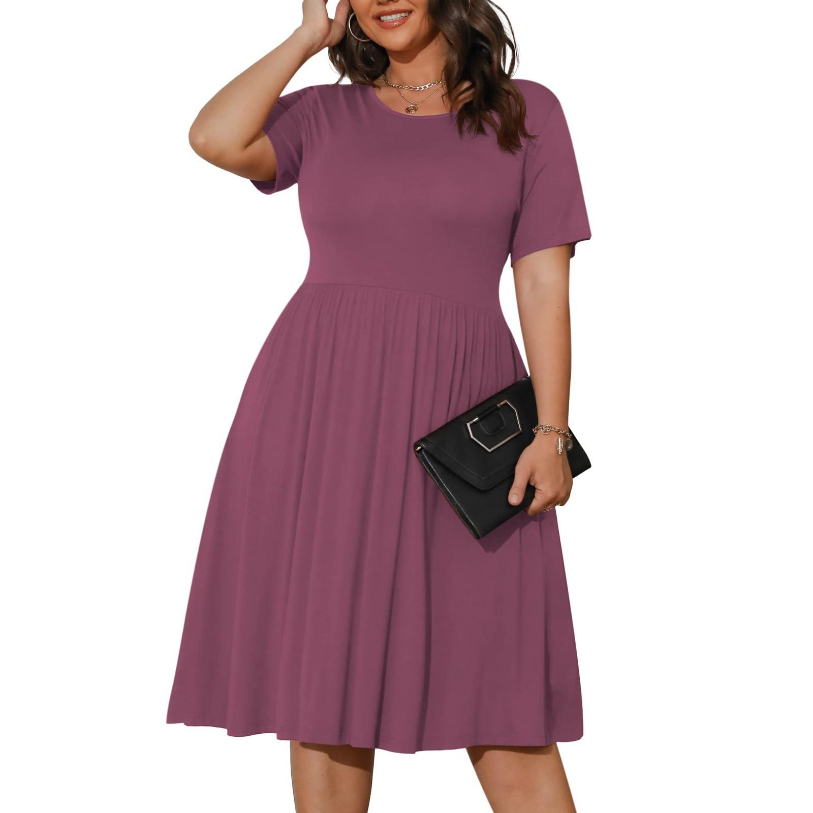 

Женское летнее платье больших размеров, повседневное платье-футболка с короткими рукавами и бледной талией, свободное платье-футболка с карманами XL розовый