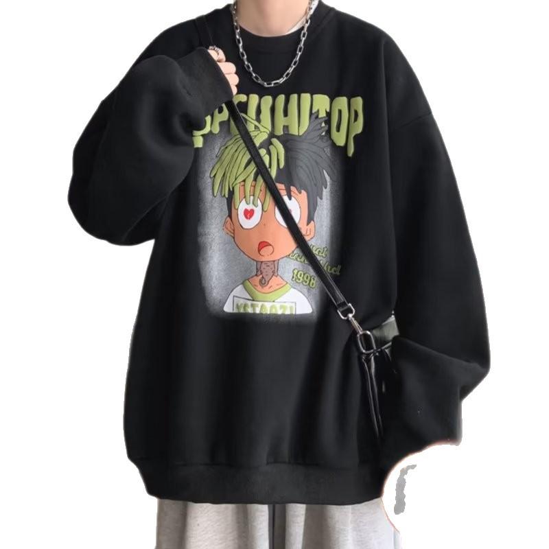 Men's American Cartoon Hip Hop Plus Velvet Thickened Hoodie - Round Neck Autumn Winter Outerwear