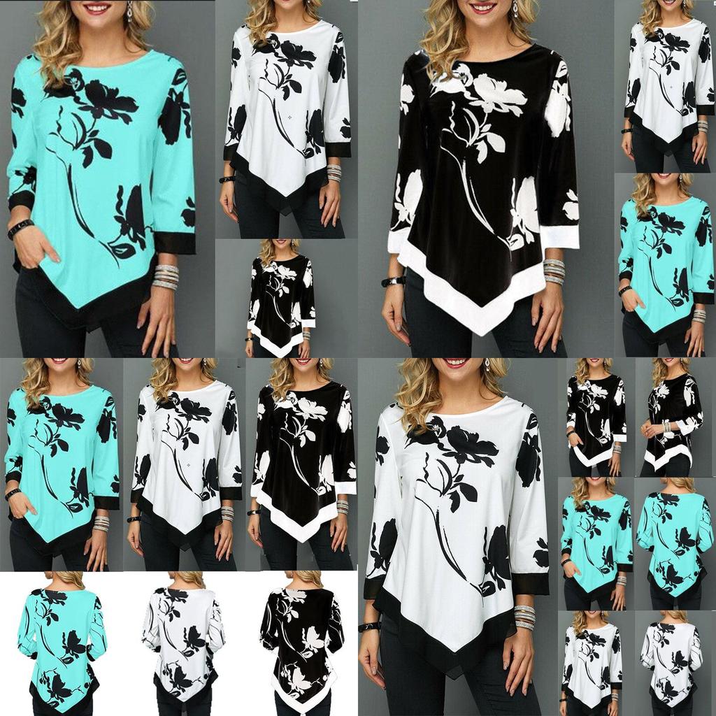 Elegant Women Irregular Floral Blouse Tee With Asymmetric Hem And Round Neck