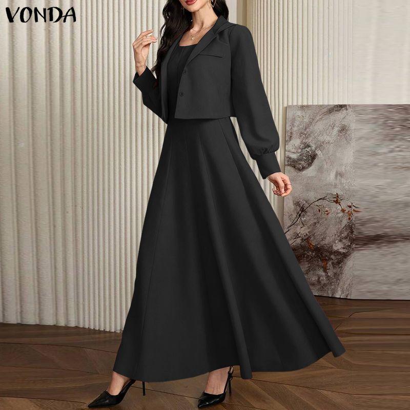 VONDA 2PCS Women Long Sleeve Hooded Tops and Sleeveless Skirts Casual Two Piece Suit Sets