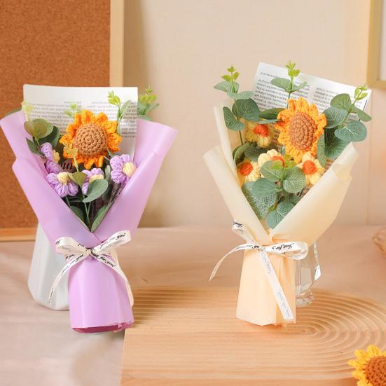 Háčkovaná Kytice Květin s LED Světlem DIY Ručně Pletený Slunečnicový Ozdoba Příze Květinová Dekorace Dárek ke Dni Matek Narozeninám