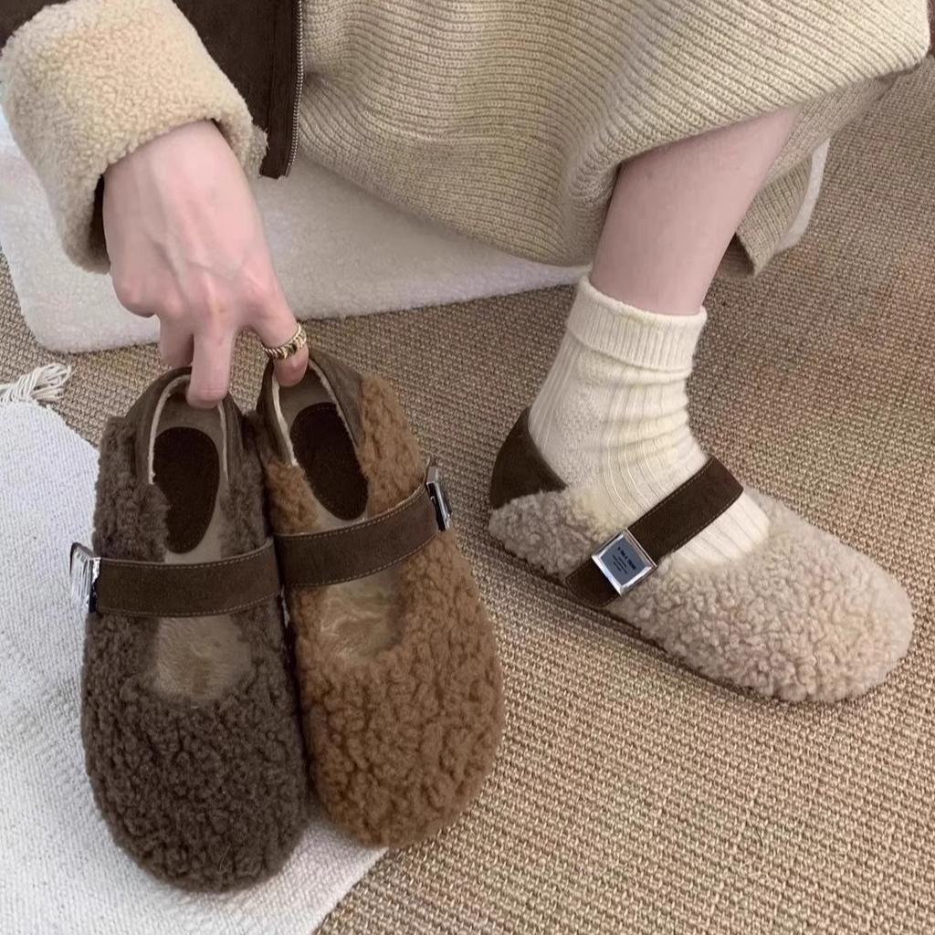 Lamb wool shoes women wear outside in winter autumn and winter new gentle fairy wind velvet warm cotton shoes flat Mary Jane shoes