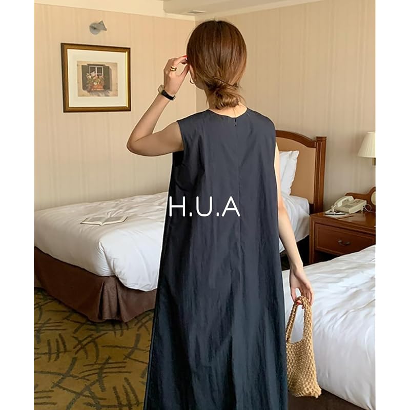 [H.U.A] ladies one piece maxi dress long dress maxi dress large size Yuttari dress a line body shape cover resort spring summer black