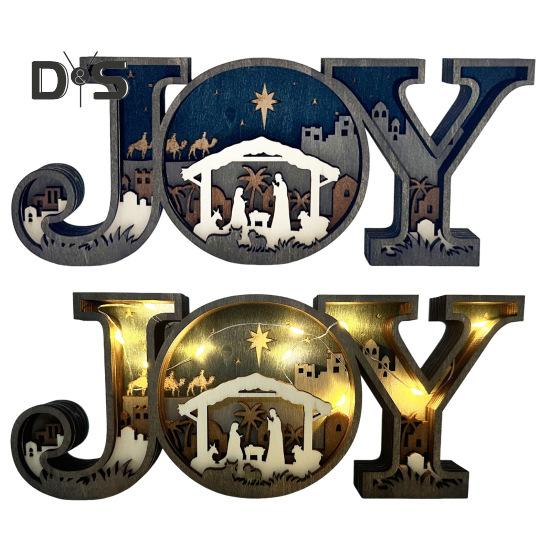 Julkrubba Ornament Trä Bokstaven JOY Bordsdekoration Rustik Religiös Bordsmantel Prydnad Gåva till Familj och Vänner
