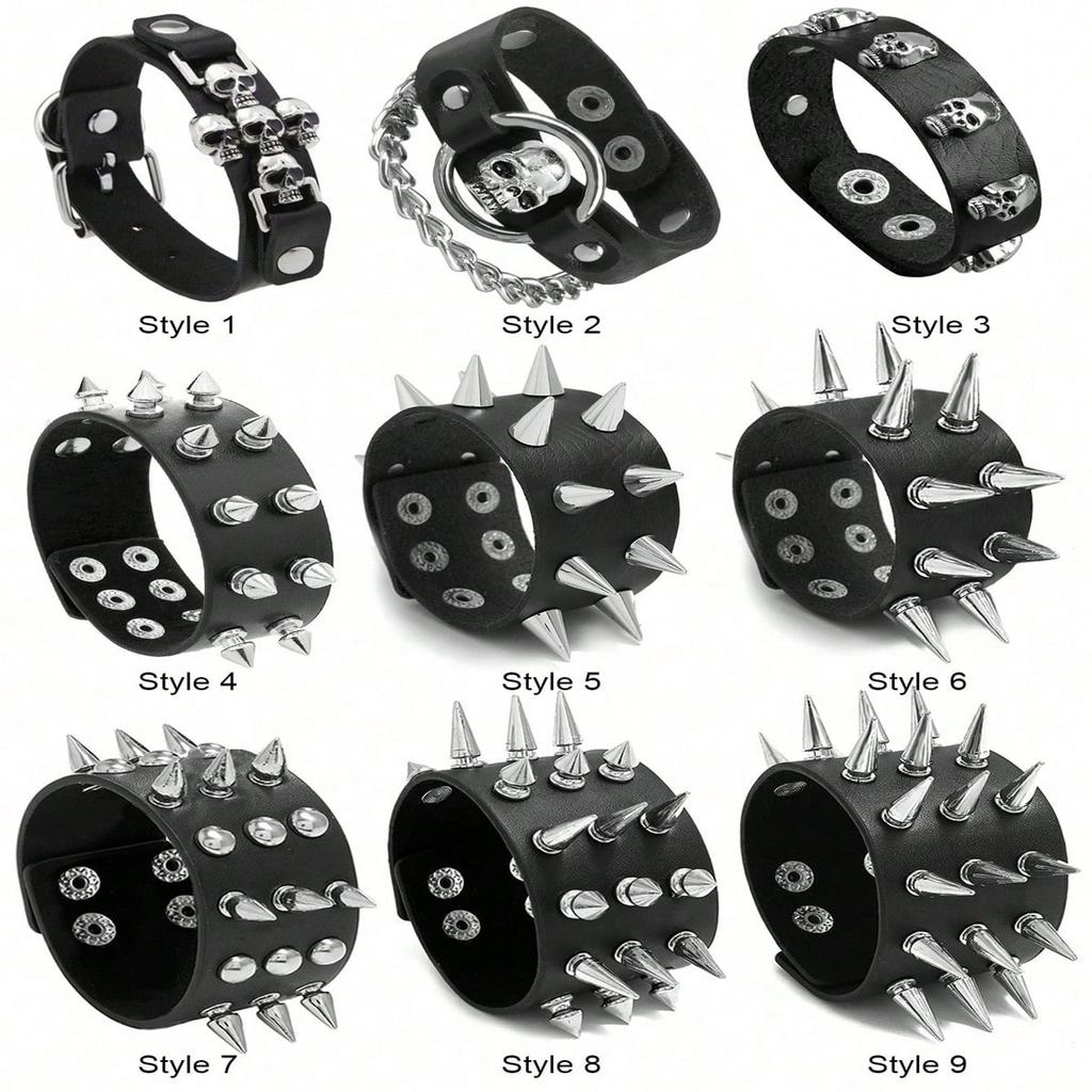 Halloween Punk Rock Skull Rivet Bracelet, Gothic Pu Leather Cuff Bracelet, 80S Wristband Bracelet, Adjustable For Men And Women
