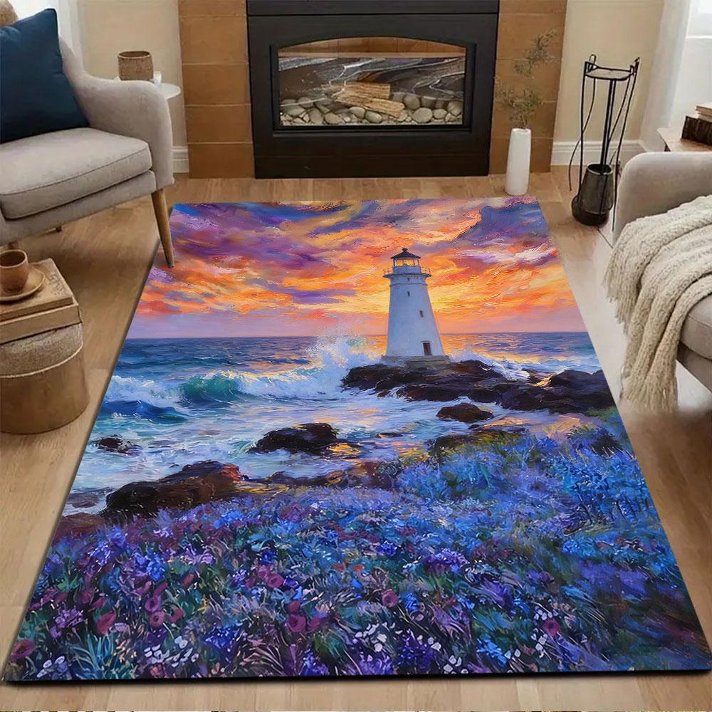 Lighthouse Sunset Over Waves Patterned carpet, non slip mat suitable for living room and bedroom sofas