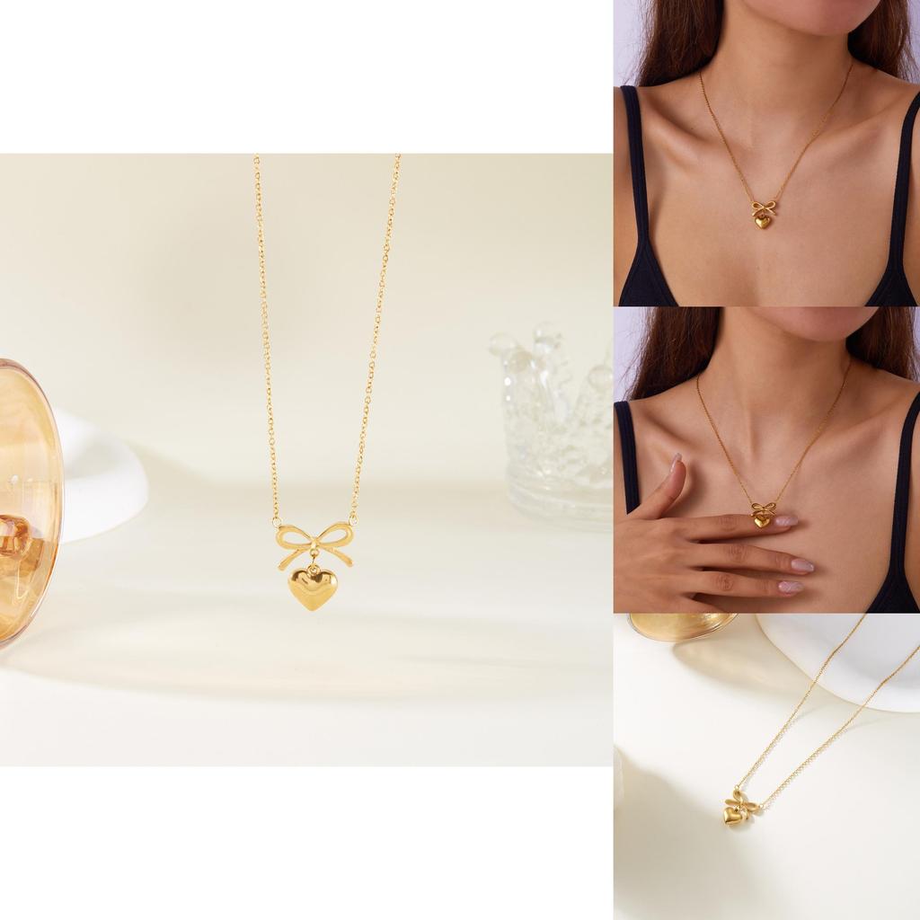 Elegant Heart Shape Pendant Necklace With Butterfly Bow Design In Stainless Steel For Daily Wear