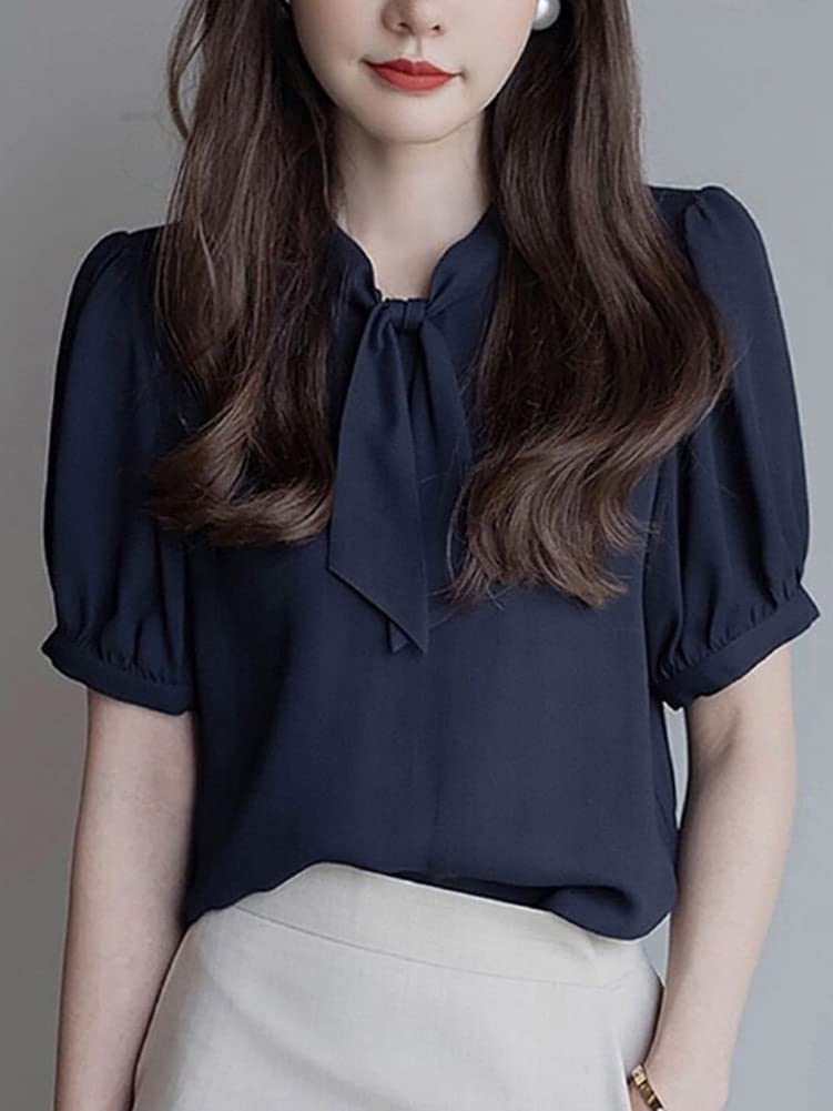 Short Clean [H. Zroy] Shirts, Blouses, Women's Tops, Chiffon, Ribbon, Summer, Sleeves, Plain, Elegant, Office, Slimming, Stylish, OL, Commuting,