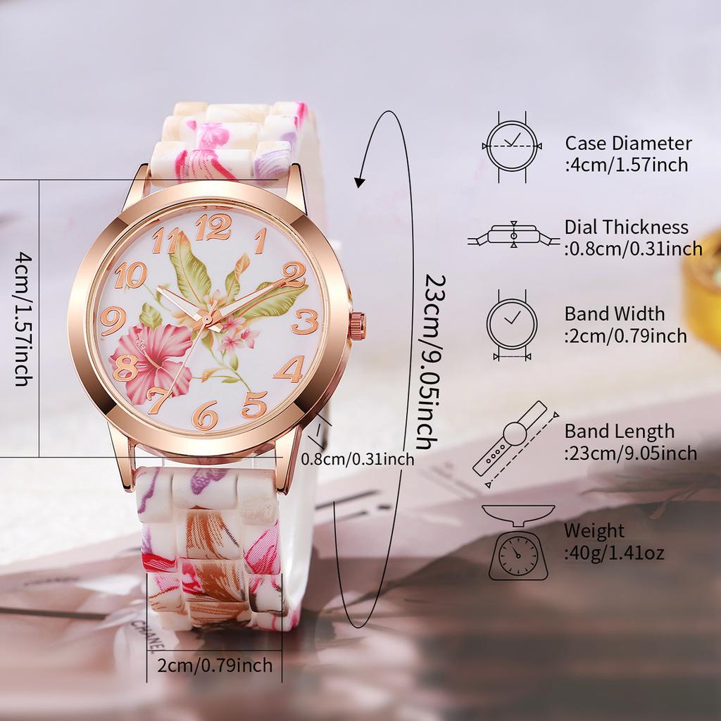 5PCs/Set Women's Silicone Printed Watch Fashion Casual Personalized With Floral Dial Classic Trendy Quartz Watch Combination Set