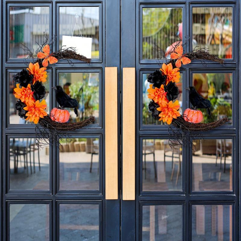 Halloween New Moon Crow Wreath Ghost Festival Black Rose Pumpkin Door Hanging Orange Black Flower Dead Branch Wall Hanging