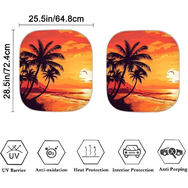 Dreaweet Hawaiian Sun Visor for Car Windshield 2 Piece Sunset Beach Palm Tree Car Window Shades Blockout Sun Shade for Car Window Front Windshield