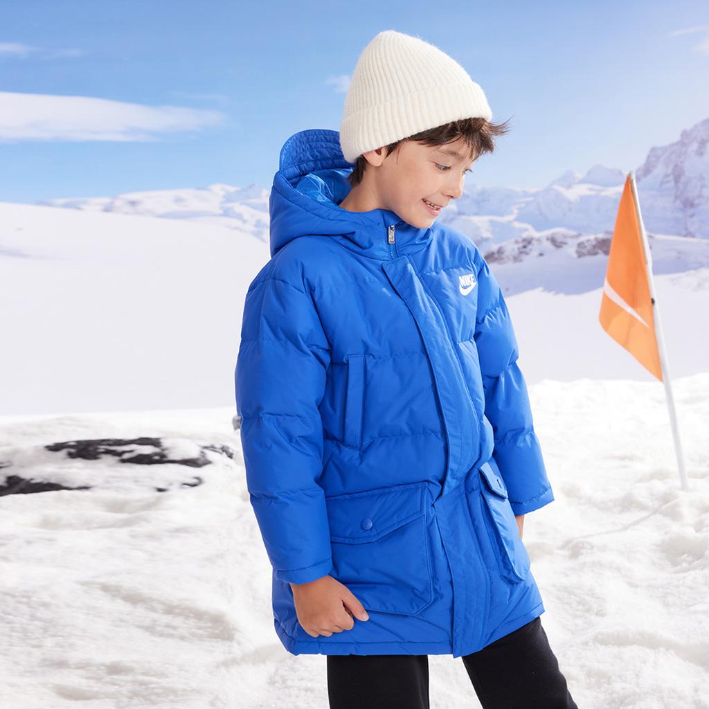 Nike Kapuzen-Daunenjacke Bequem Warm Mittellang Logoprint Kinderjacken Türkisblau NY2342002GS-002