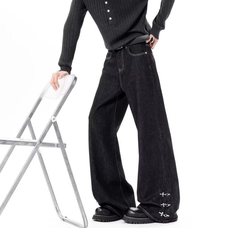 Jeans Denim Larghi a Vita Alta da Uomo con Dettaglio Bottone Stile Aereo Bordo Grezzo Taglio Dritto Streetwear Stile Vintage