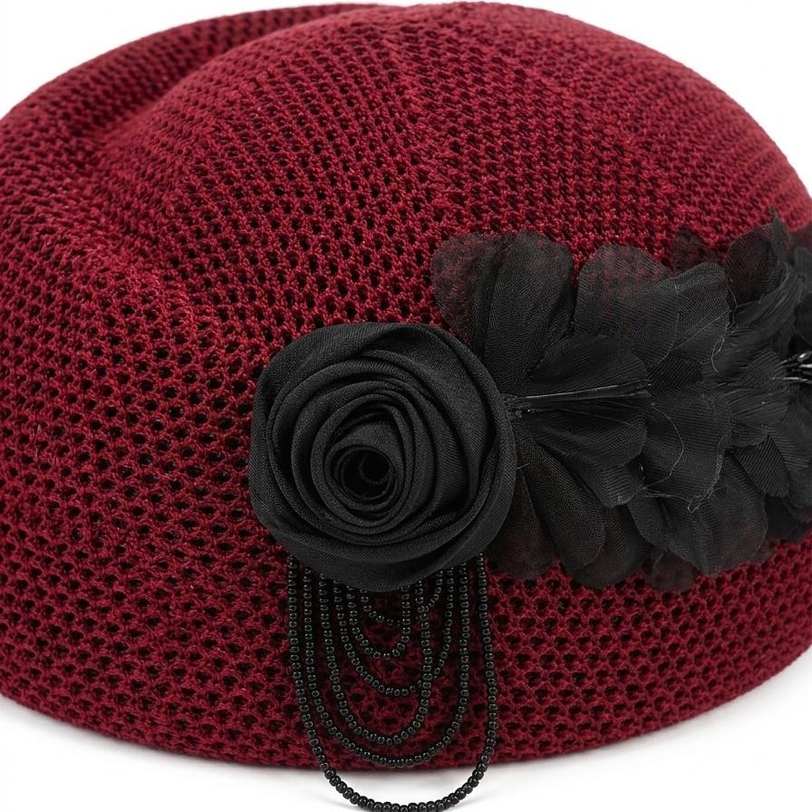

Elegant Ladies Vintage Crochet Top Hat with Feathers & Rhinestones Hair Accessory for Church Wedding Hat Decoration Adult 56-58cm вина червоного кольору