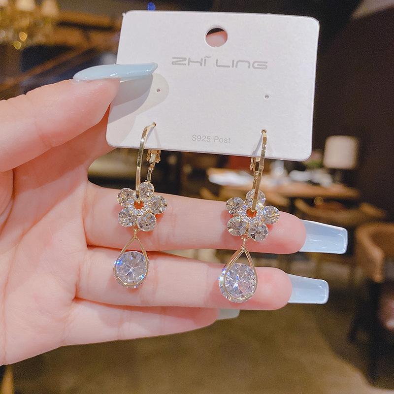 Silver Needle Crystal Zircon Flower Hanging Opal Earrings Earrings Douyin Kuaishou Live Broadcast Explosive Earrings Earrings