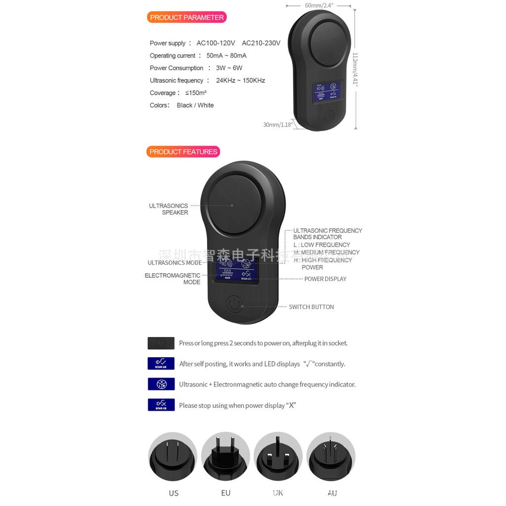 Generischer BG-305 Ultraschall-Mäuseabwehr gegen Marder, Mücken, Nagetiere, Schutz bis zu 150 Quadratmeter
