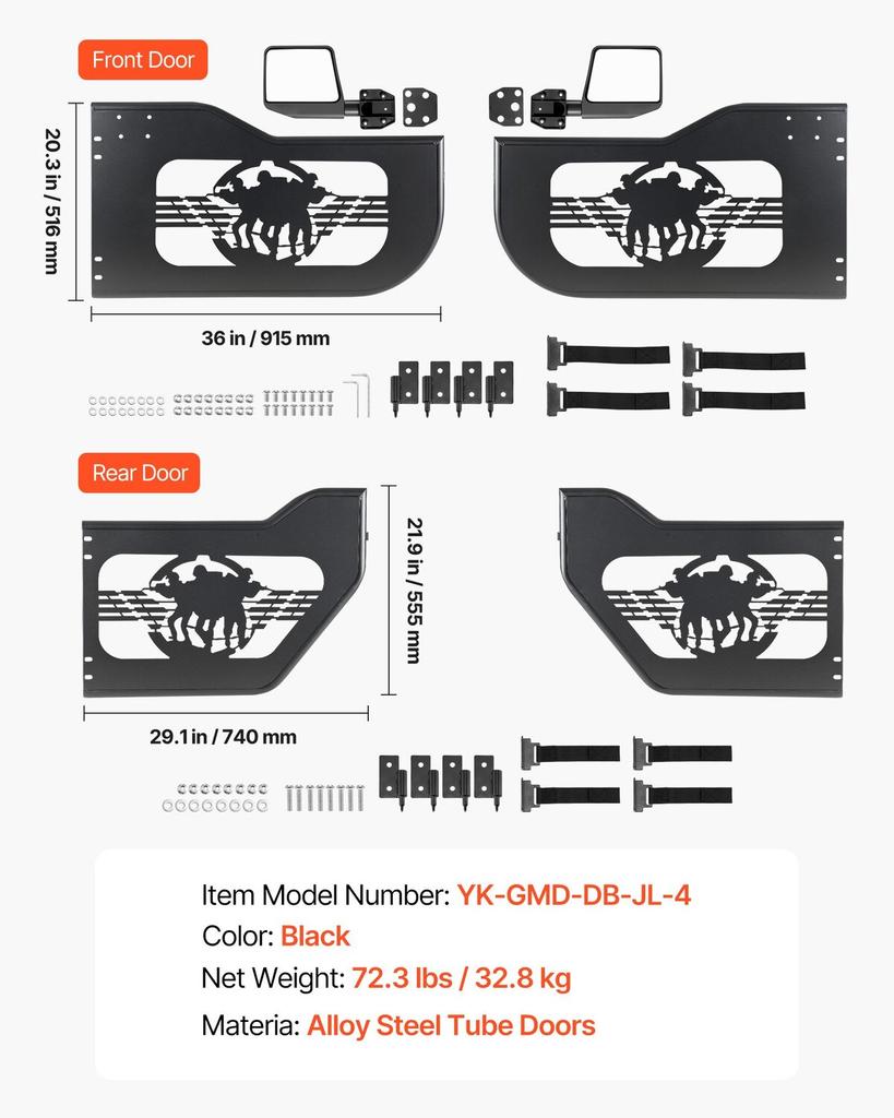 Jeep Tube Doors, 4-Door, Fit for 2018-2026 Jeep Wrangler JL & 2020-2026 Gladiator JT, Soldier Pattern Off Road Front & Rear Tubular Half Doors with