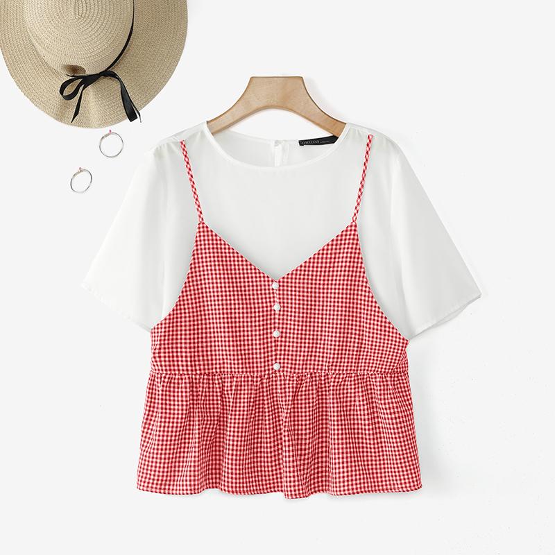 ZANZEA Women Casual Fake Two Piece Patchwork Grid Print Short Sleeve T-Shirts