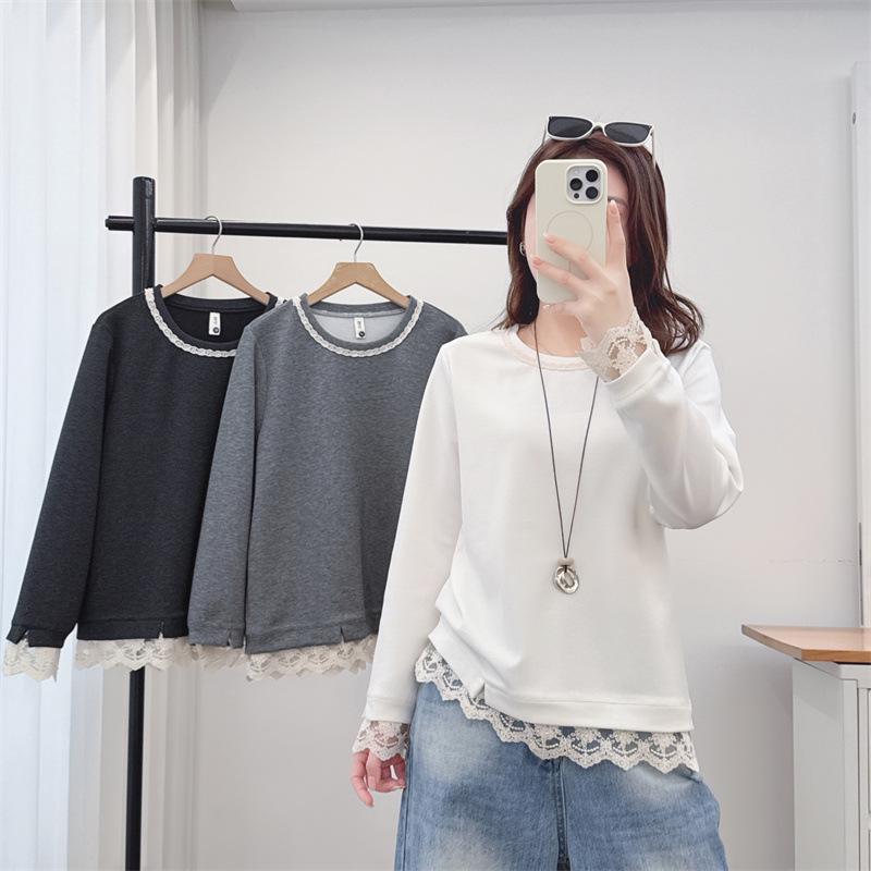 Women's Plus Size Lace Hem Hoodie Sweatshirt - Spring 2026 Chubby Girl Long Sleeve Casual Top