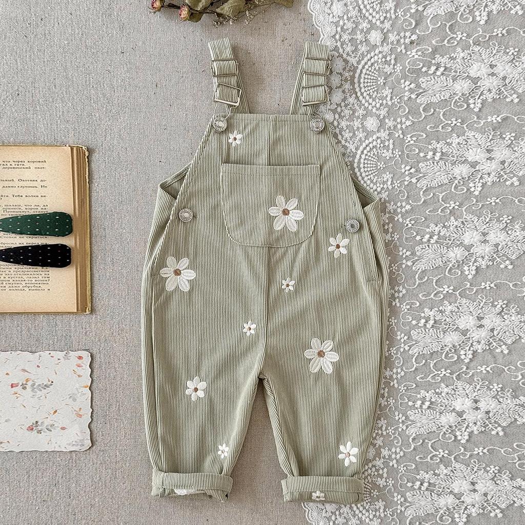 Korean Style Floral Embroidered Girls' Overalls - Cute Baby Jumpsuit for Spring & Autumn