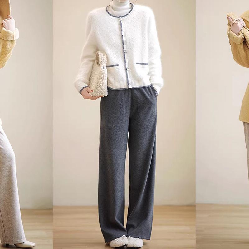 Big Joy | Women s High-Waist Off-White Straight Wide-Leg Fleece-Lined Pants, 2026 Winter Collection Small