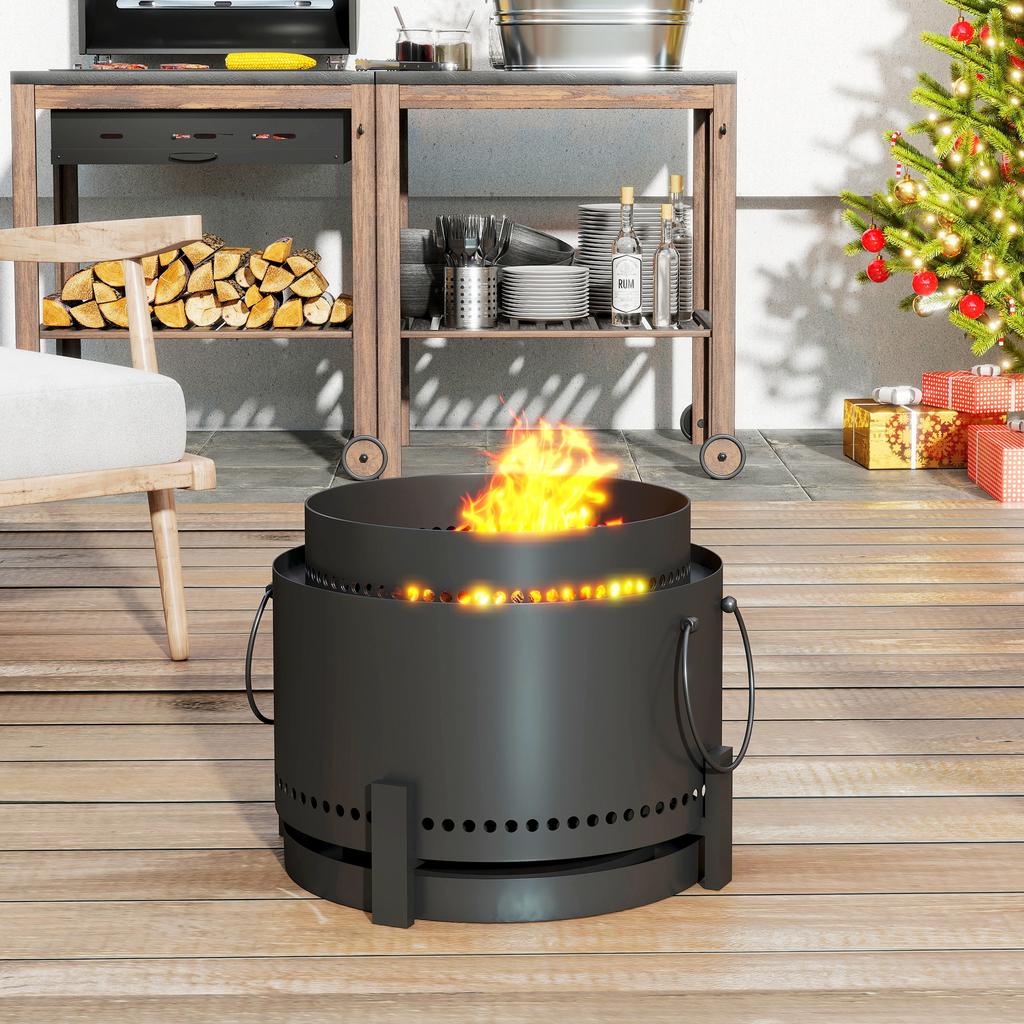 Smokeless Fire Pit with Ash Catcher, 37cm Portable Wood Burning Firepit with Poker for Garden Camping Bonfire Party, Metal, Dark Grey
