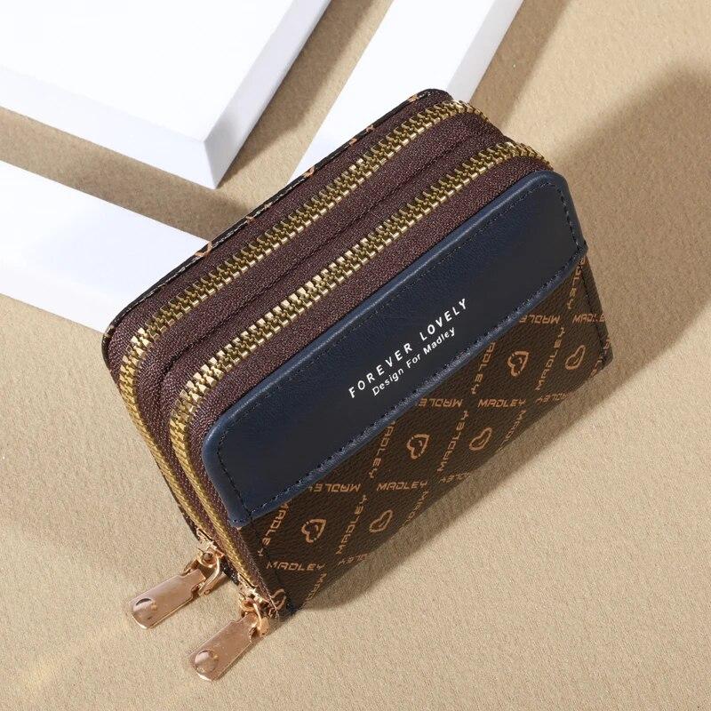 Women's Short Wallet Fashionable Double Zipper Color Blocking Coin Purse Clutch Bag Multi Slot Large Capacity Card Pack Double Layered Women's Bag