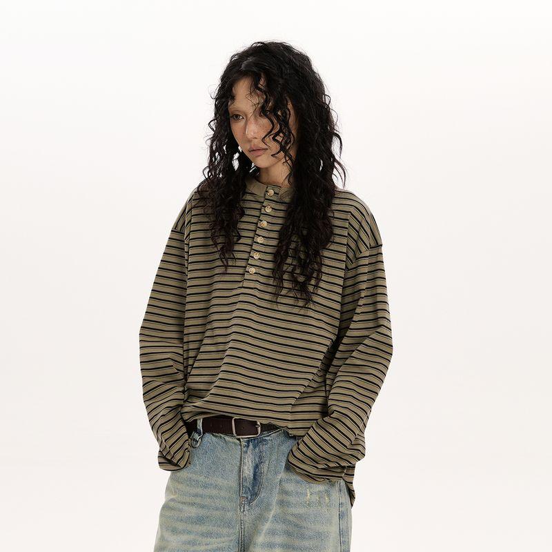 

Vatty Spring New Arrival Retro Classic Striped Minimalist Long-Sleeved Shirt Women s Loose Feeling Loose Henry Collar Sweatshirt T-shirt Retro Green M