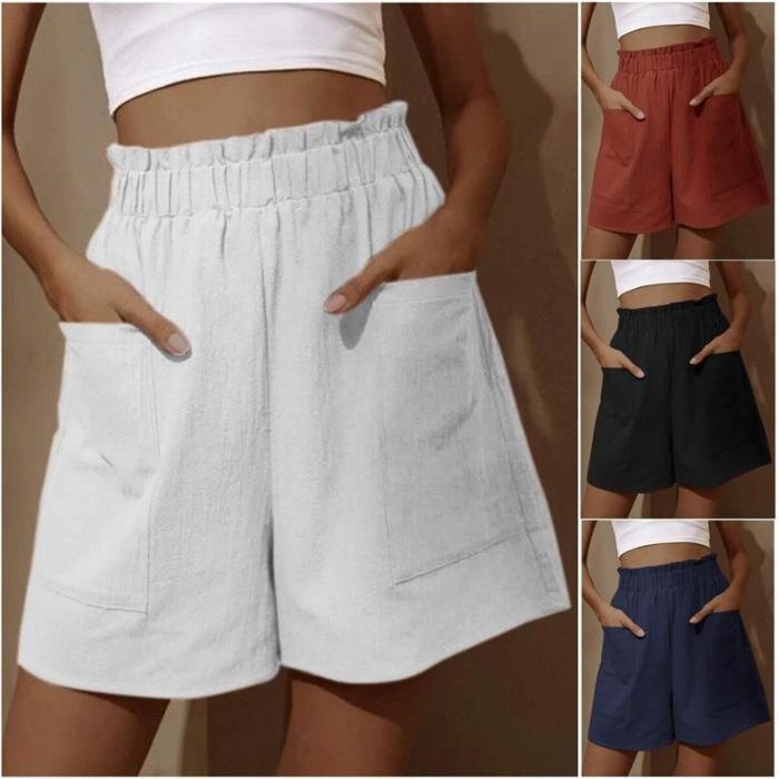 

Spring and summer new women s cotton bud high waist fashion large size wide leg pants five points M белый