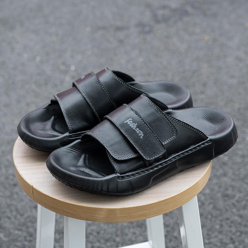 Leather slippers men's summer trend outer wear casual soft bottom one-word drag fashion sports light cool slippers men's