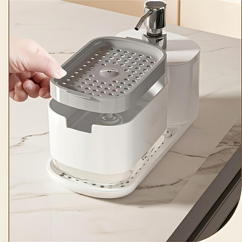 1pc 2-in-1 Compact Kitchen Organizer with Manual Soap Dispenser and Stainless Steel Cloth Holder - Sleek White Countertop Storage Solution